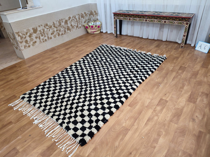  checkered moroccan berber shaggy rug, black and white wool checkered rug, checkered rug, checkerboard rug, handmade checkered rug