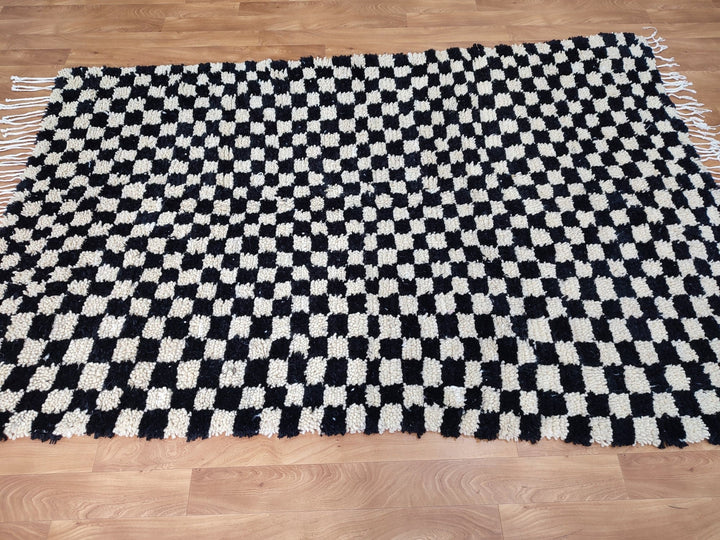  checkered moroccan berber shaggy rug, black and white wool checkered rug, checkered rug, checkerboard rug, handmade checkered rug