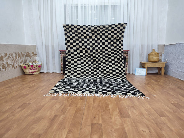  checkered moroccan berber shaggy rug, black and white wool checkered rug, checkered rug, checkerboard rug, handmade checkered rug