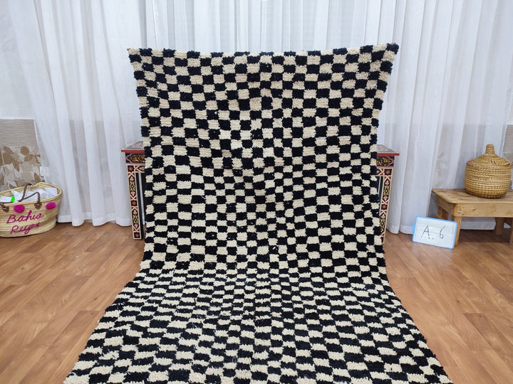  checkered moroccan berber shaggy rug, black and white wool checkered rug, checkered rug, checkerboard rug, handmade checkered rug