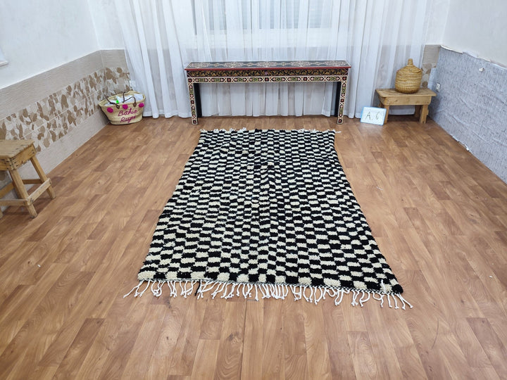  checkered moroccan berber shaggy rug, black and white wool checkered rug, checkered rug, checkerboard rug, handmade checkered rug