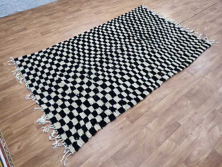  checkered moroccan berber shaggy rug, black and white wool checkered rug, checkered rug, checkerboard rug, handmade checkered rug