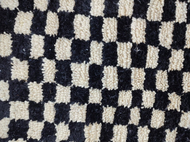  checkered moroccan berber shaggy rug, black and white wool checkered rug, checkered rug, checkerboard rug, handmade checkered rug