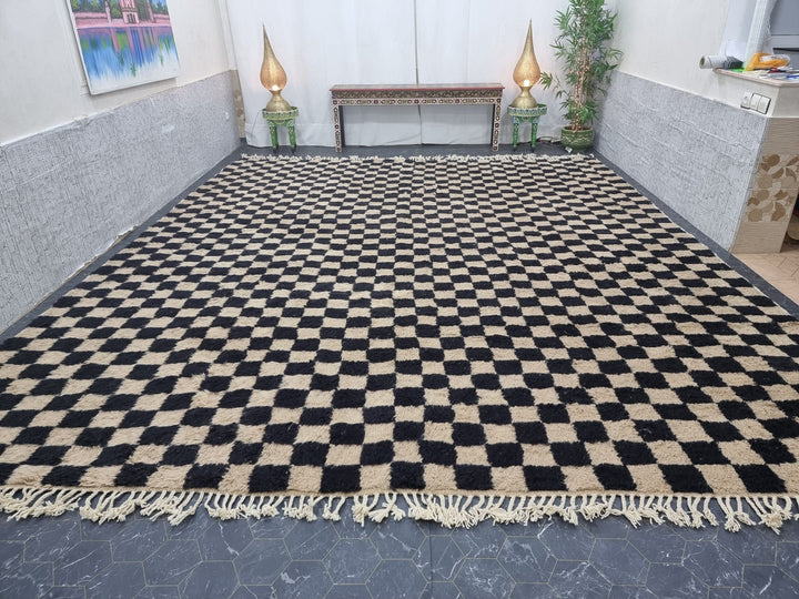 CUSTOM BENIOURAIN CARPET, Moroccan Handmade Rug, Biege And Black Rug, Checker Rug, Handmade Wool Rug, Azilal Berber Rug, White And Beige Rug