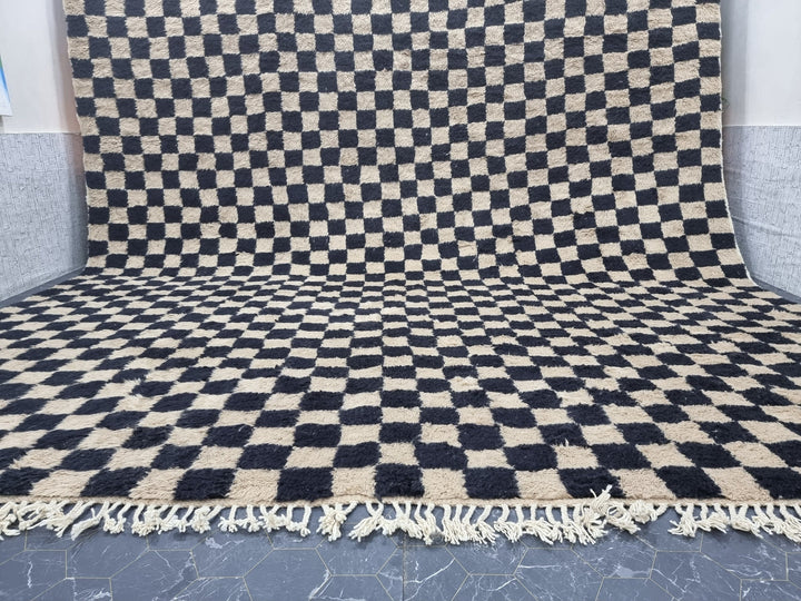 CUSTOM BENIOURAIN CARPET, Moroccan Handmade Rug, Biege And Black Rug, Checker Rug, Handmade Wool Rug, Azilal Berber Rug, White And Beige Rug