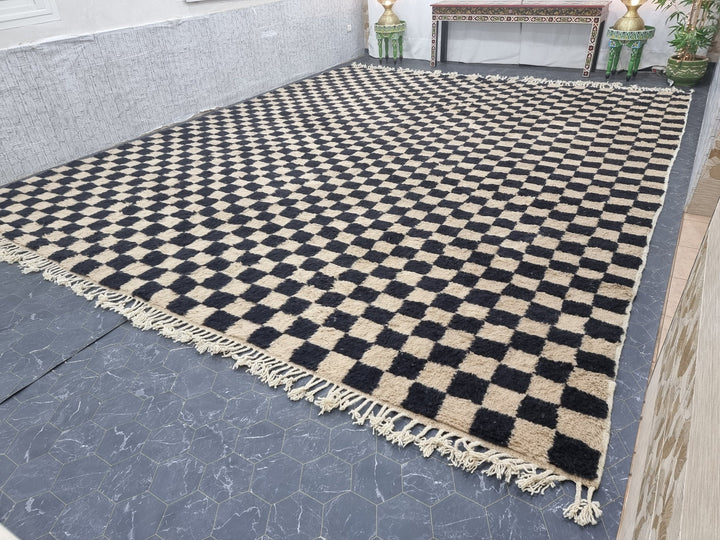 CUSTOM BENIOURAIN CARPET, Moroccan Handmade Rug, Biege And Black Rug, Checker Rug, Handmade Wool Rug, Azilal Berber Rug, White And Beige Rug