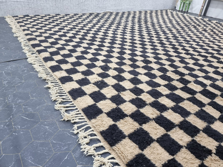 CUSTOM BENIOURAIN CARPET, Moroccan Handmade Rug, Biege And Black Rug, Checker Rug, Handmade Wool Rug, Azilal Berber Rug, White And Beige Rug