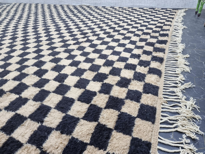 CUSTOM BENIOURAIN CARPET, Moroccan Handmade Rug, Biege And Black Rug, Checker Rug, Handmade Wool Rug, Azilal Berber Rug, White And Beige Rug