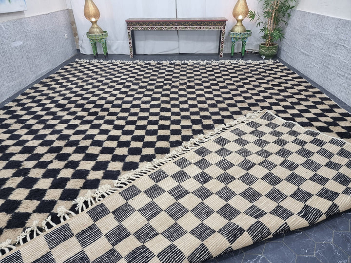 CUSTOM BENIOURAIN CARPET, Moroccan Handmade Rug, Biege And Black Rug, Checker Rug, Handmade Wool Rug, Azilal Berber Rug, White And Beige Rug