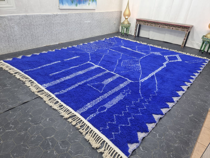 CUSTOM BENIOURAIN CARPET, Moroccan Handmade Rug, Royal Blue And White Rug, Abstract Rug,Handmade Wool Carpet,Azilal Berber Rug,Handwoven Rug