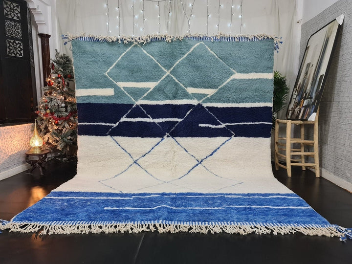 CUSTOM BENIOURIAN RUG, Geometric Rug, Moroccan Handmade Rug, White And Blue Rug, Azilal Rug, Handmade Wool Carpet,Sheep Wool Rug, Berber Rug