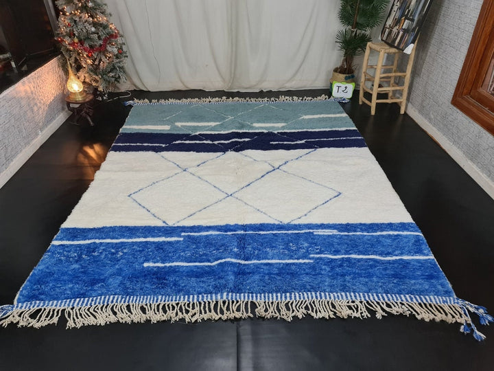 CUSTOM BENIOURIAN RUG, Geometric Rug, Moroccan Handmade Rug, White And Blue Rug, Azilal Rug, Handmade Wool Carpet,Sheep Wool Rug, Berber Rug