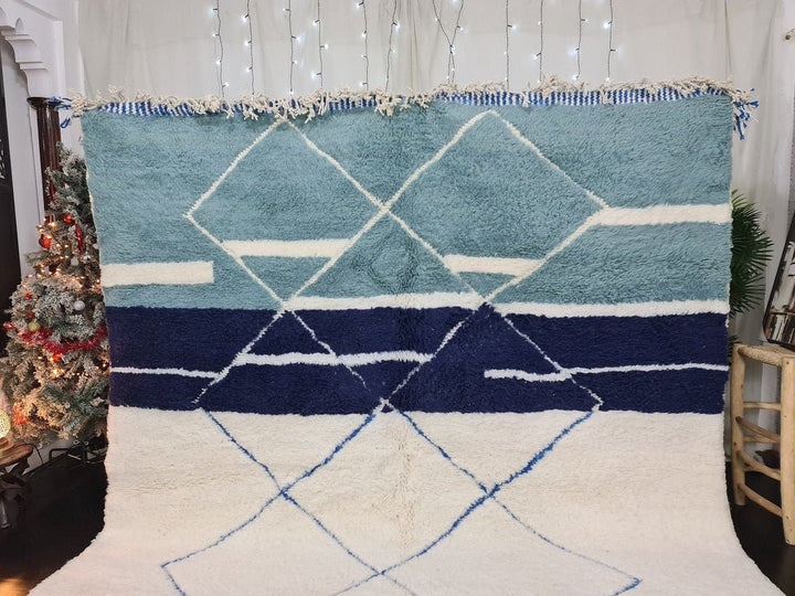 CUSTOM BENIOURIAN RUG, Geometric Rug, Moroccan Handmade Rug, White And Blue Rug, Azilal Rug, Handmade Wool Carpet,Sheep Wool Rug, Berber Rug