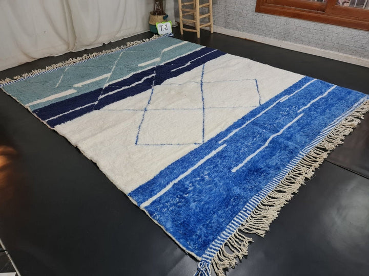 CUSTOM BENIOURIAN RUG, Geometric Rug, Moroccan Handmade Rug, White And Blue Rug, Azilal Rug, Handmade Wool Carpet,Sheep Wool Rug, Berber Rug