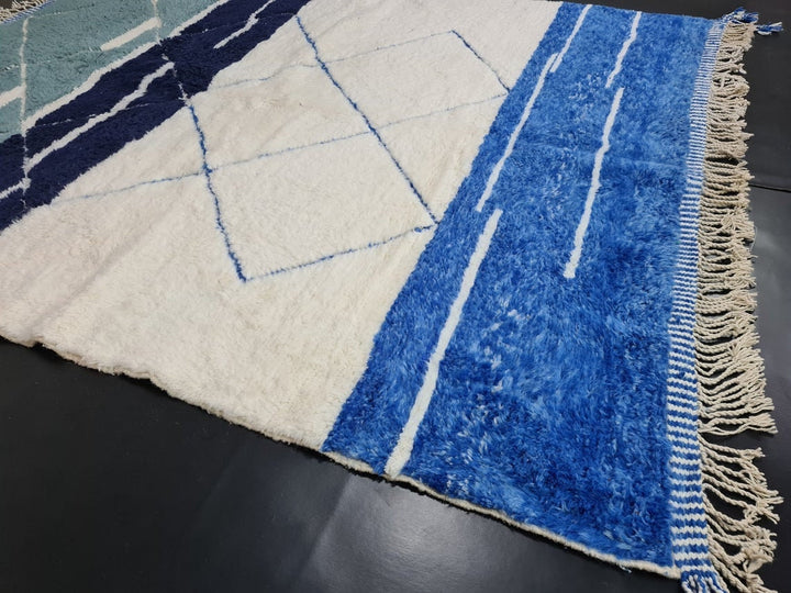 CUSTOM BENIOURIAN RUG, Geometric Rug, Moroccan Handmade Rug, White And Blue Rug, Azilal Rug, Handmade Wool Carpet,Sheep Wool Rug, Berber Rug