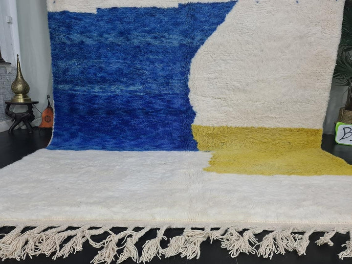 CUSTOM HANDMADE RUG, Moroccan Berber Rug, Handmade Wool Rug, Abstract Rug, Azilal Handmade Wool Rug, White And Blue Carpet, Sheep Wool Rug.