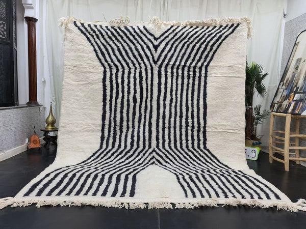 GORGEOUS BENIOURAIN CARPET, Moroccan Handmade Rug, White And Black Rug, Striped Rug, Handmade Wool Carpet, Azilal Berber Rug, Handwoven Rug