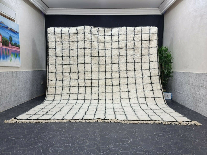 GRID BENIOURAIN RUG, Handmade Wool Rug, Moroccan Rug, White And Black Striped Rug, Sheep Wool Rug, Handwoven Rug,Azilal Rug, Berber Carpet