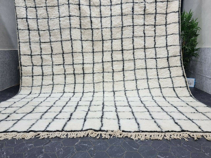 GRID BENIOURAIN RUG, Handmade Wool Rug, Moroccan Rug, White And Black Striped Rug, Sheep Wool Rug, Handwoven Rug,Azilal Rug, Berber Carpet