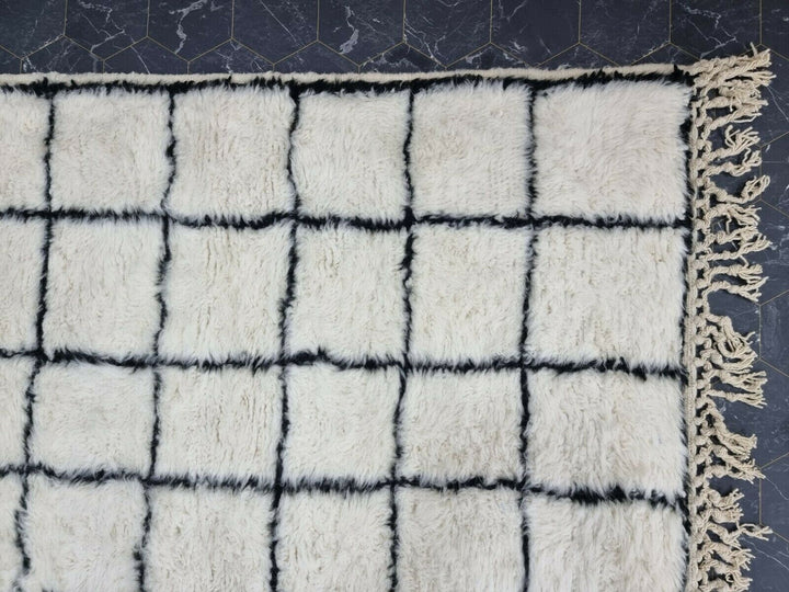 GRID BENIOURAIN RUG, Handmade Wool Rug, Moroccan Rug, White And Black Striped Rug, Sheep Wool Rug, Handwoven Rug,Azilal Rug, Berber Carpet