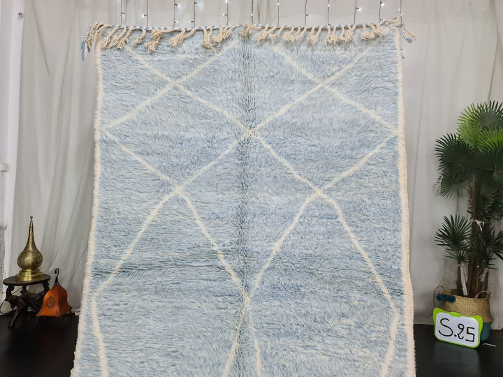 HANDMADE BERBER CARPET, Moroccan Wool Rug, Baby Blue And White Rug, Moroccan Geometric Rug, Handmade Wool Carpet, Bohemian Rug, Azilal Rug.