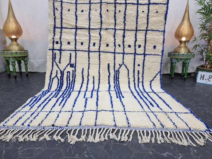 HANDMADE BERBER RUG, Custom Handmade Carpet, Azilal Rug, Abstract Beniourain Rug, Sheep Wool rug, White and Blue Striped Rug, Moroccan Rug