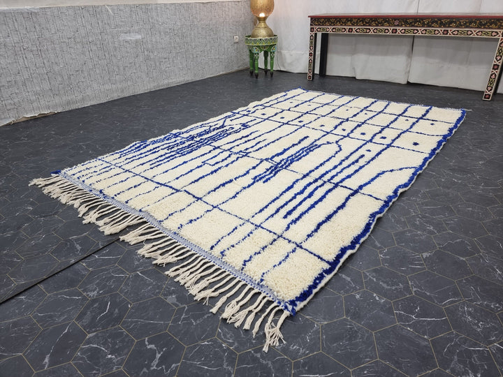 HANDMADE BERBER RUG, Custom Handmade Carpet, Azilal Rug, Abstract Beniourain Rug, Sheep Wool rug, White and Blue Striped Rug, Moroccan Rug