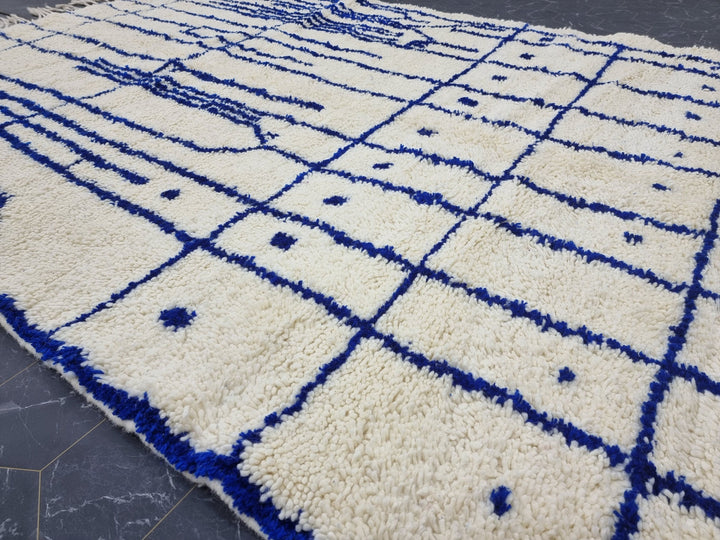 HANDMADE BERBER RUG, Custom Handmade Carpet, Azilal Rug, Abstract Beniourain Rug, Sheep Wool rug, White and Blue Striped Rug, Moroccan Rug