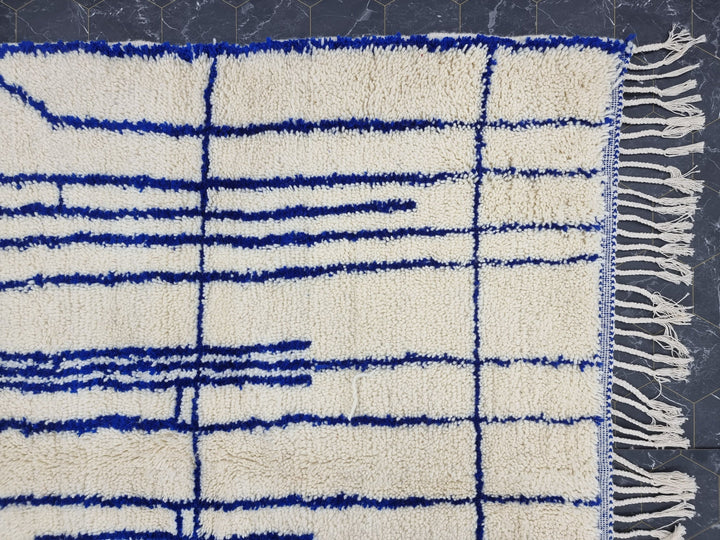 HANDMADE BERBER RUG, Custom Handmade Carpet, Azilal Rug, Abstract Beniourain Rug, Sheep Wool rug, White and Blue Striped Rug, Moroccan Rug