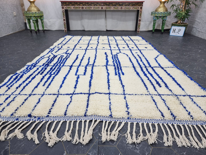 HANDMADE BERBER RUG, Custom Handmade Carpet, Azilal Rug, Abstract Beniourain Rug, Sheep Wool rug, White and Blue Striped Rug, Moroccan Rug