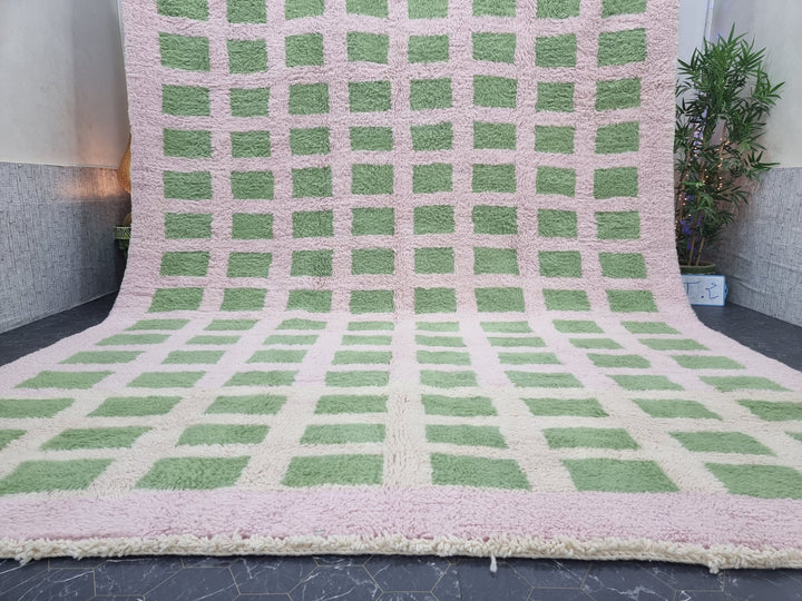 HANDMADE BERBER RUG, Moroccan Handmade Carpet, Azilal Rug, Checkered Beniourain Rug, Sheep Wool rug, Mint Green And White Rug, Moroccan Rug.