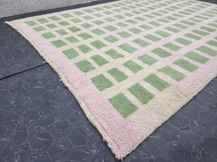 HANDMADE BERBER RUG, Moroccan Handmade Carpet, Azilal Rug, Checkered Beniourain Rug, Sheep Wool rug, Mint Green And White Rug, Moroccan Rug.