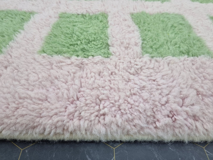 HANDMADE BERBER RUG, Moroccan Handmade Carpet, Azilal Rug, Checkered Beniourain Rug, Sheep Wool rug, Mint Green And White Rug, Moroccan Rug.