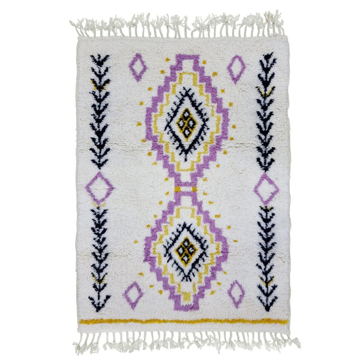 HANDMADE BERBER RUG, Moroccan Handmade Carpet, Azilal Rug, Geometric Beniourain Rug, Sheep Wool rug, White  Purple Rug, Moroccan Wool Rug.