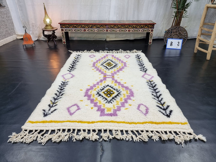 HANDMADE BERBER RUG, Moroccan Handmade Carpet, Azilal Rug, Geometric Beniourain Rug, Sheep Wool rug, White  Purple Rug, Moroccan Wool Rug.