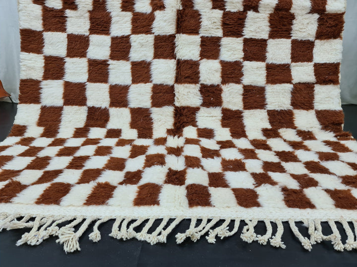 HANDMADE WOOL RUG, Beni Ouarain Rug, Moroccan Berber Rug, Handmade Wool Rug, Azilal Brown and White Rug, Checkered Rug, Sheep Wool Carpet