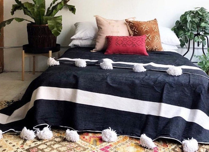 BlackWhite Moroccan pom pom throw blanket,bohemian decor bedcover, blanket sofa, pom pom blanket, Throw Blanket With Tassels