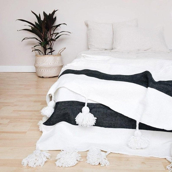 WhiteBlack Moroccan pom pom throw blanket,bohemian decor bedcover, blanket sofa, pom pom blanket, Throw Blanket With Tassels