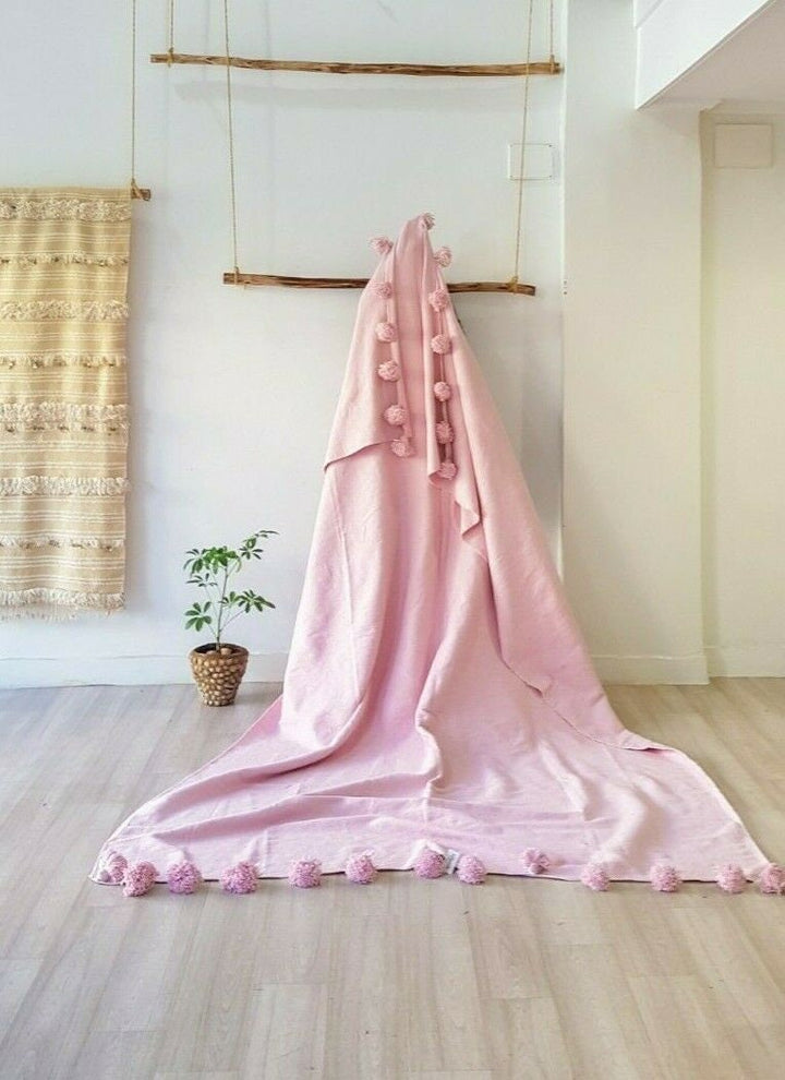 Pink Moroccan pom pom throw blanket,bohemian decor bedcover, blanket sofa, pom pom blanket, Throw Blanket With Tassels