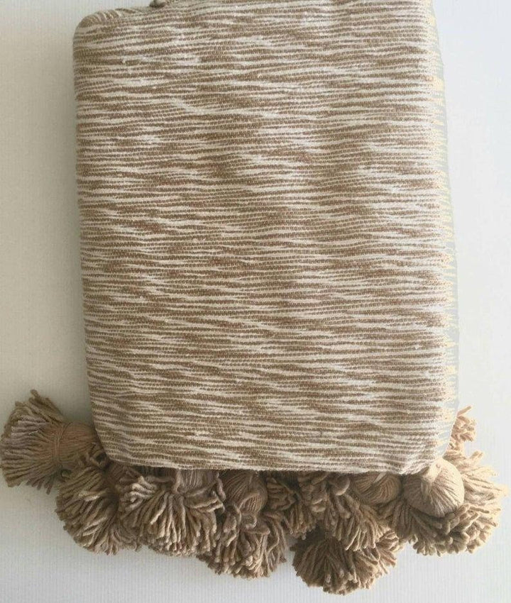 BrownWhite Moroccan pom pom throw blanket,bohemian decor bedcover, blanket sofa, pom pom blanket, Throw Blanket With Tassels