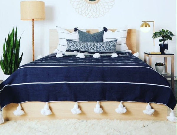 Navy BlueWhite Moroccan pom pom throw blanket,bohemian decor bedcover, blanket sofa, pom pom blanket, Throw Blanket With Tassels