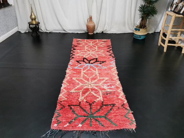 moroccan handmade boujaad runner rug,  boujaad rug, floral runner rug, tribal berber rug, red runner