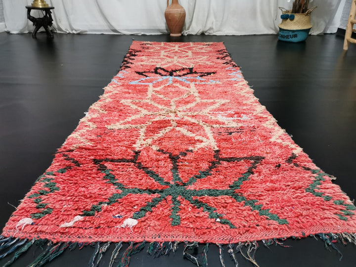 moroccan handmade boujaad runner rug,  boujaad rug, floral runner rug, tribal berber rug, red runner
