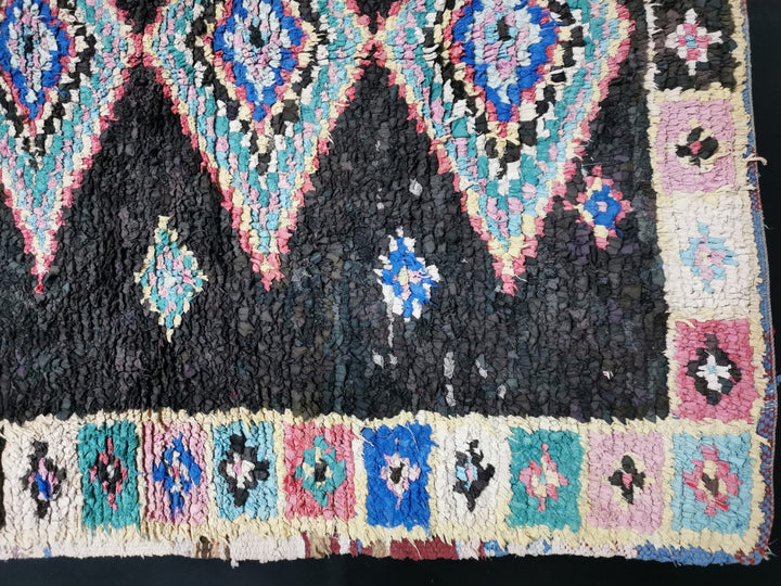 unique moroccan runner, black  boujad rug, big geometric runner , tribal berber rug, boujaad rug, sheep wool rug, teppich marroko