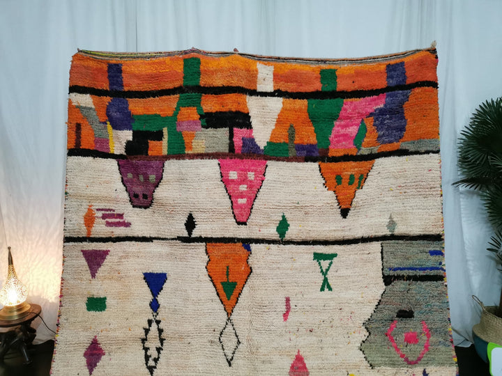  moroccan rug, tribal wool carpet, azilal wool rug, boujaad berber wool, abstract moroccan rug, orange  white wool rug, bohemian rug
