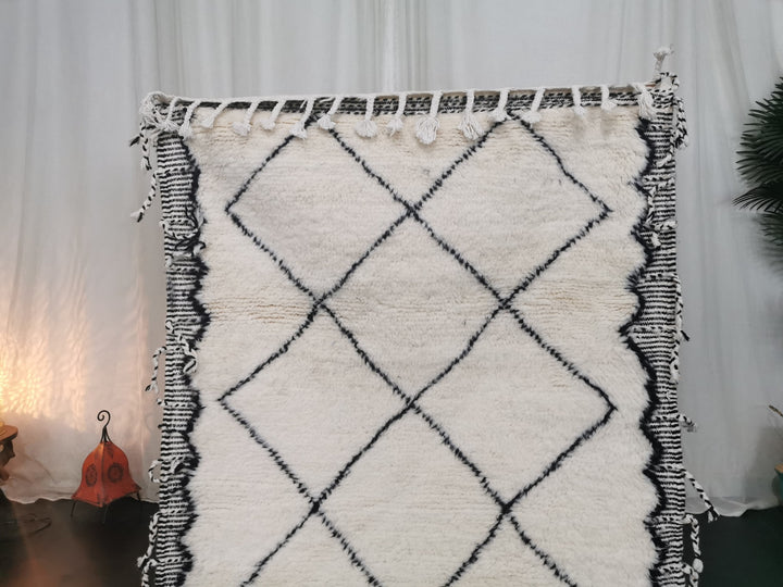 Moroccan Beniourain GeometricRug  Tribal Area Rug  Woven Rug  Wool Area Rug  White  Black Rug  Dining Room Decor