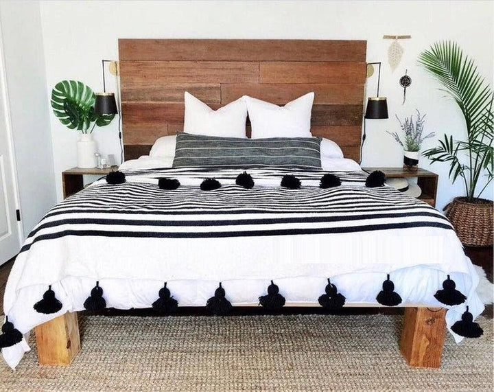 moroccan throw blanket, Cotton Moroccan Pompom Blanket,bedroom blanket, moroccan pompom blanket White with Black stripes pompoms