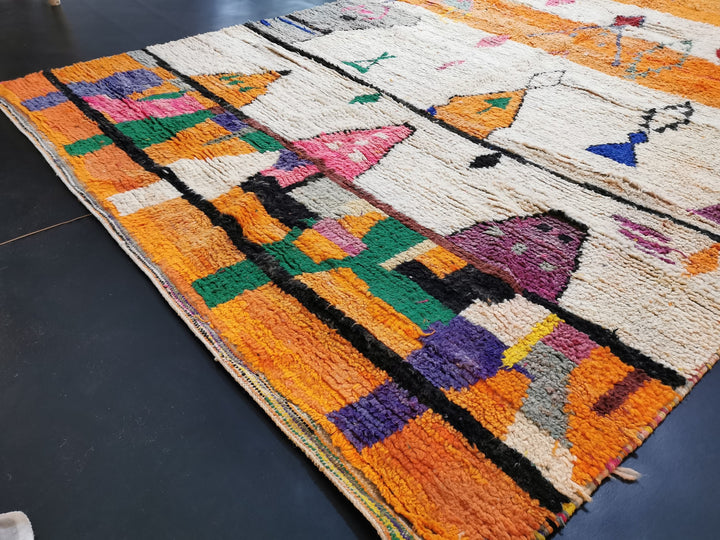  moroccan rug, tribal wool carpet, azilal wool rug, boujaad berber wool, abstract moroccan rug, orange  white wool rug, bohemian rug