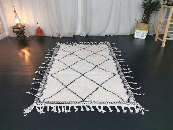 Moroccan Beniourain GeometricRug  Tribal Area Rug  Woven Rug  Wool Area Rug  White  Black Rug  Dining Room Decor