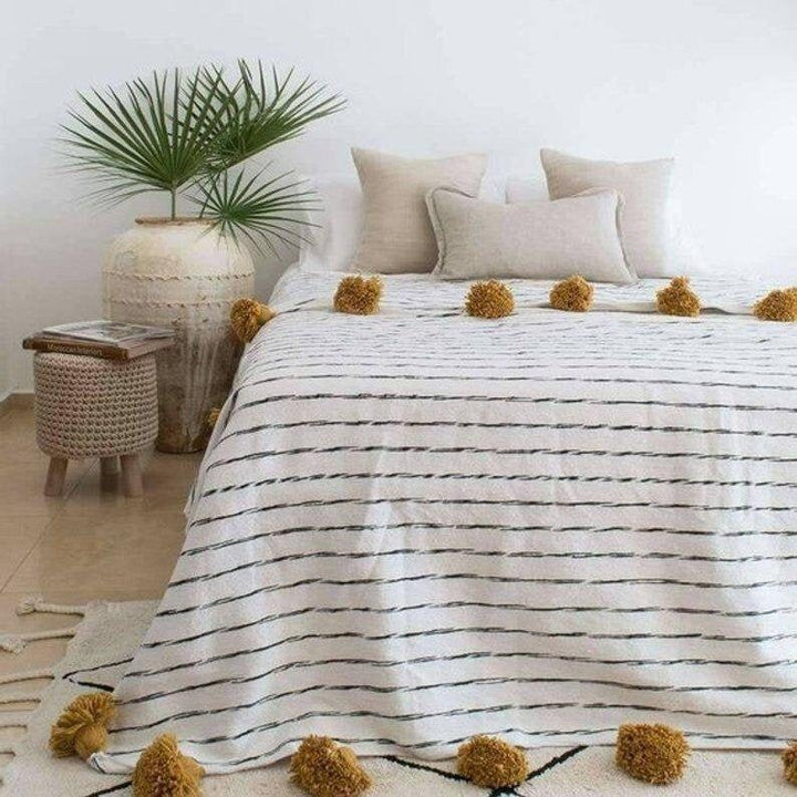 moroccan throw blanket, Cotton Moroccan Pompom Blanket,bedroom blanket, moroccan pompom blanket, Tassel pom pom throw